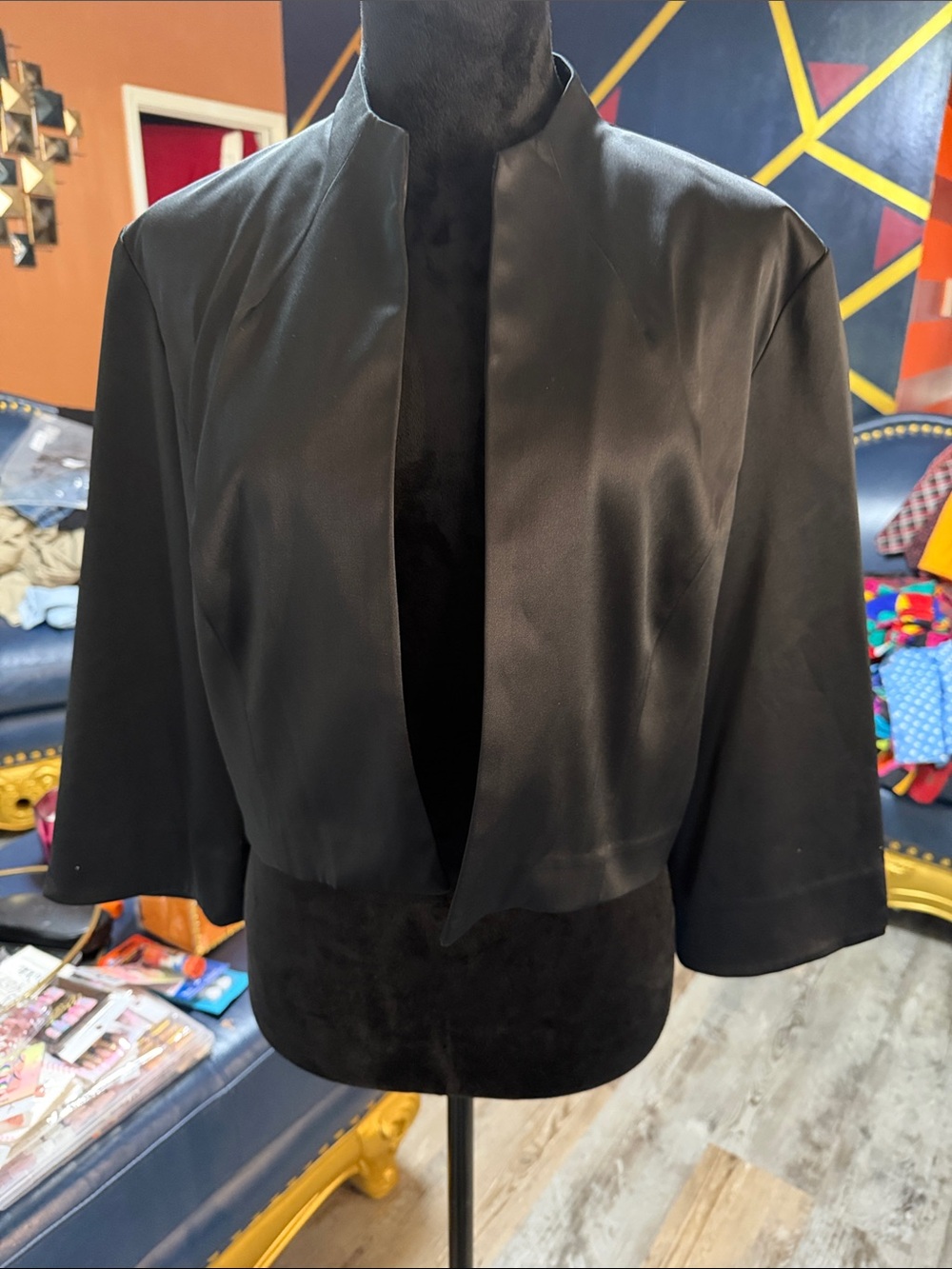 Dress Barn Black Cropped Open-Front Satin Jacket